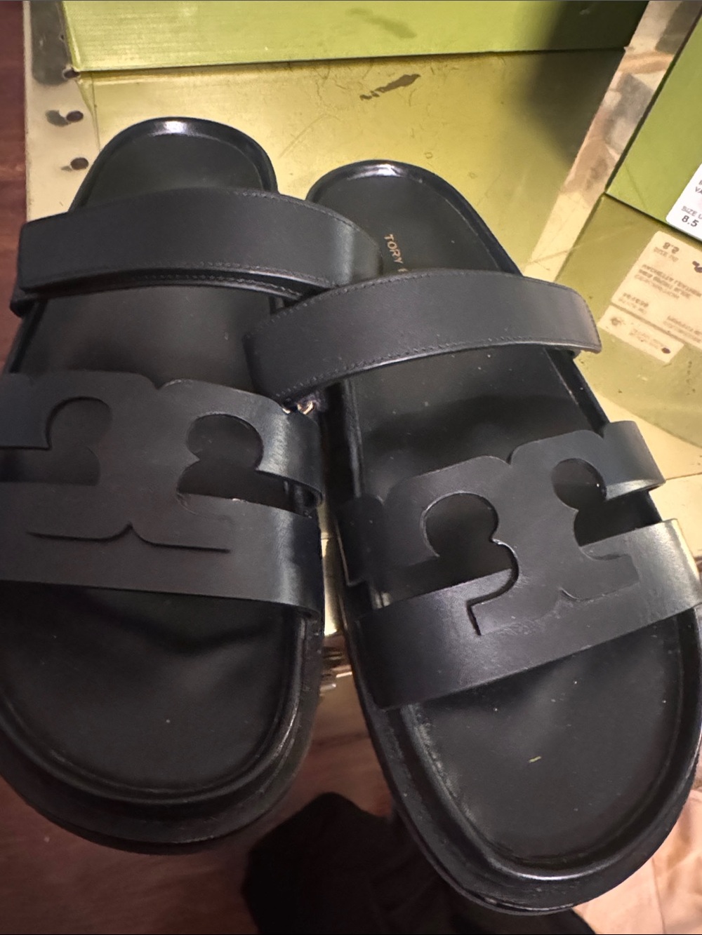 Tory Burch Black Leather Double-Strap Logo Slides - Picture 3 of 5